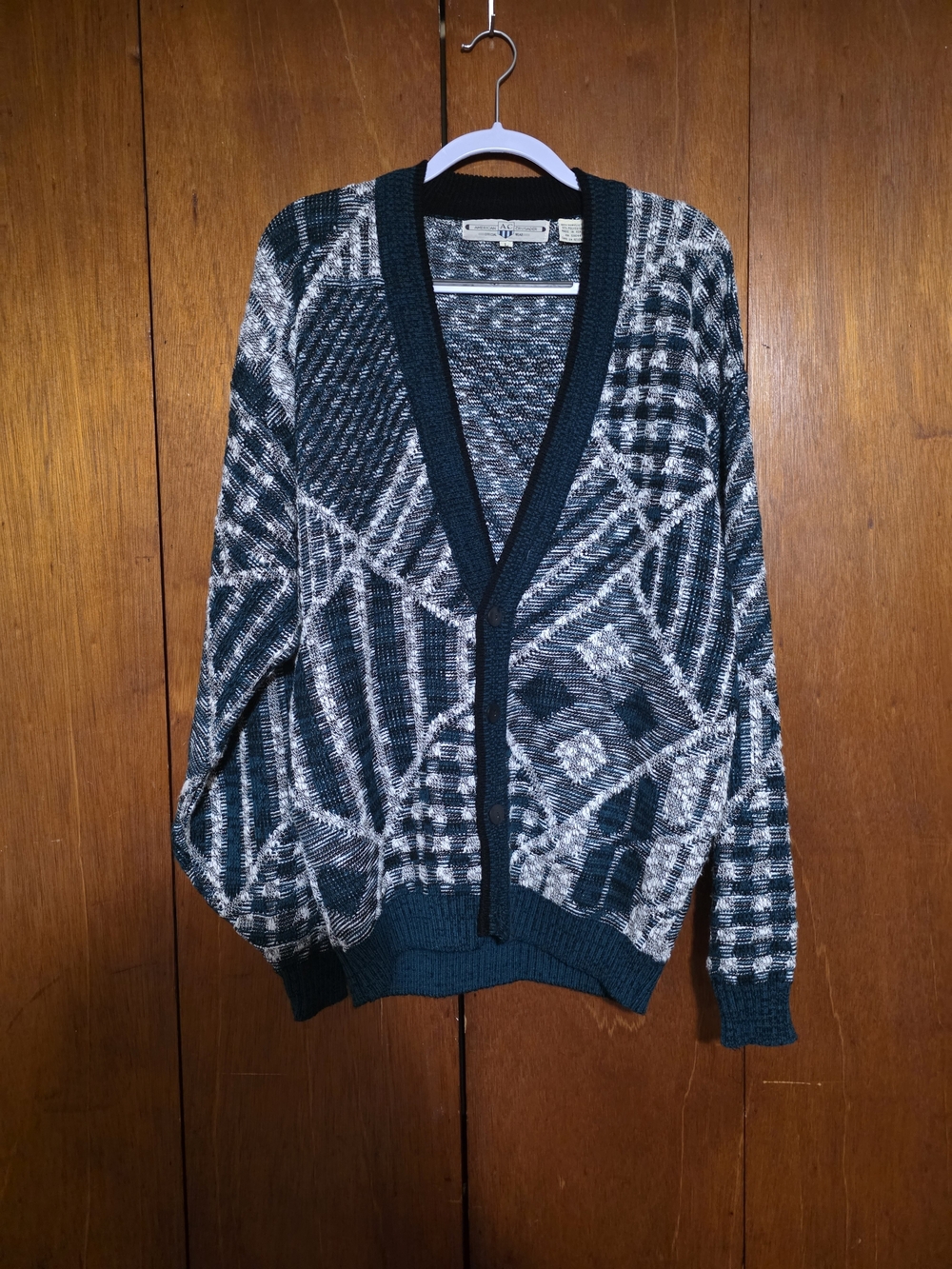 Men's Dark Green Geometric Pattern Cardigan Sweater